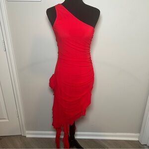 Red One Shoulder Ruched Dress Stretch Asymmetrical Hem Bodycon